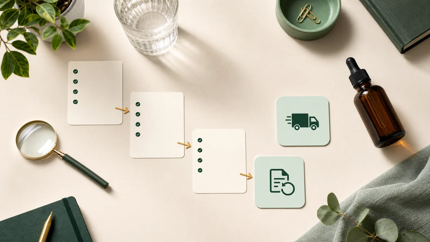 Buyer decision desk with blank checklist cards for label, delivery, cost, and refund review
