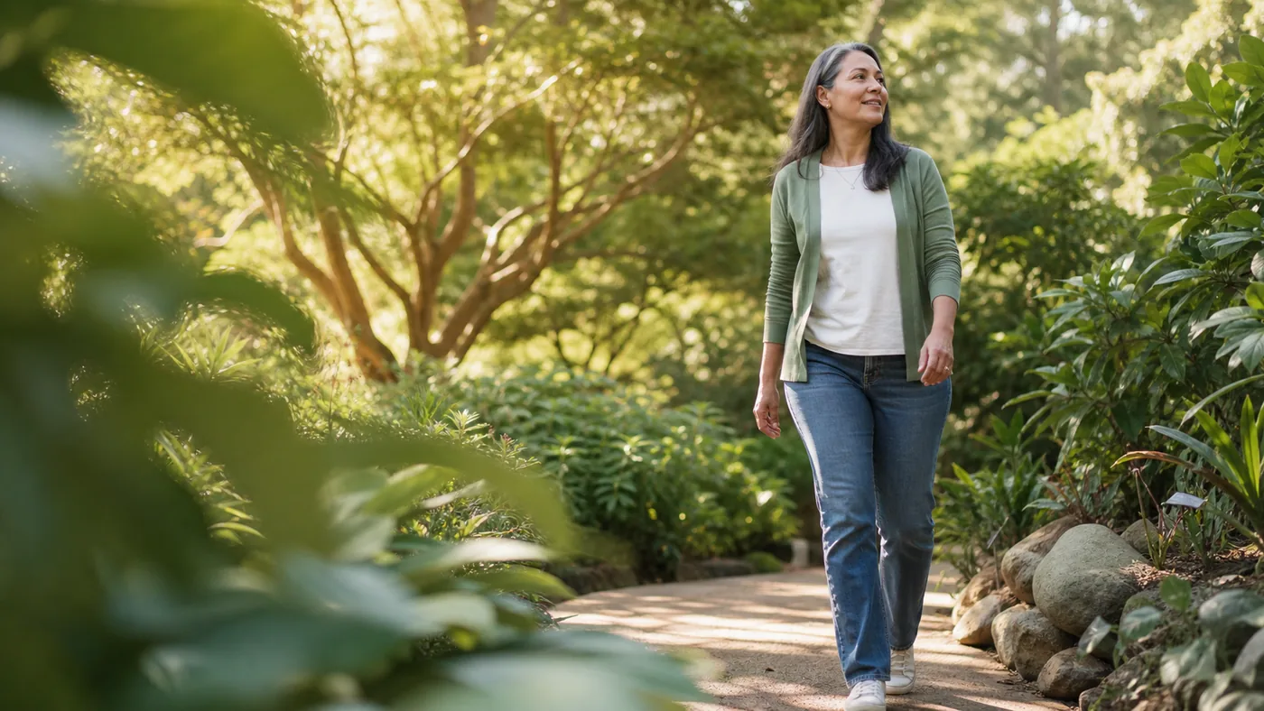 Adult taking a relaxed walk in a botanical garden as a grounded wellness context